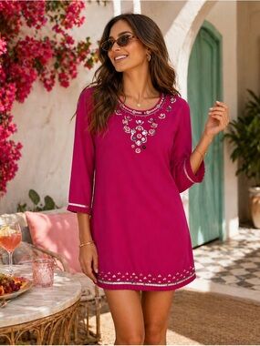 Essentials by ABS Fuchsia Beaded Dress Size 8 NWT Embellished Tunic Y2K Resort